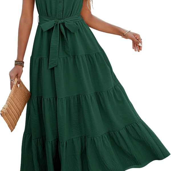Women Ruffle Sleeve Button Belted Boho Maxi Dress image 1