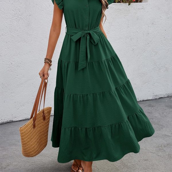 Women Ruffle Sleeve Button Belted Boho Maxi Dress image 2